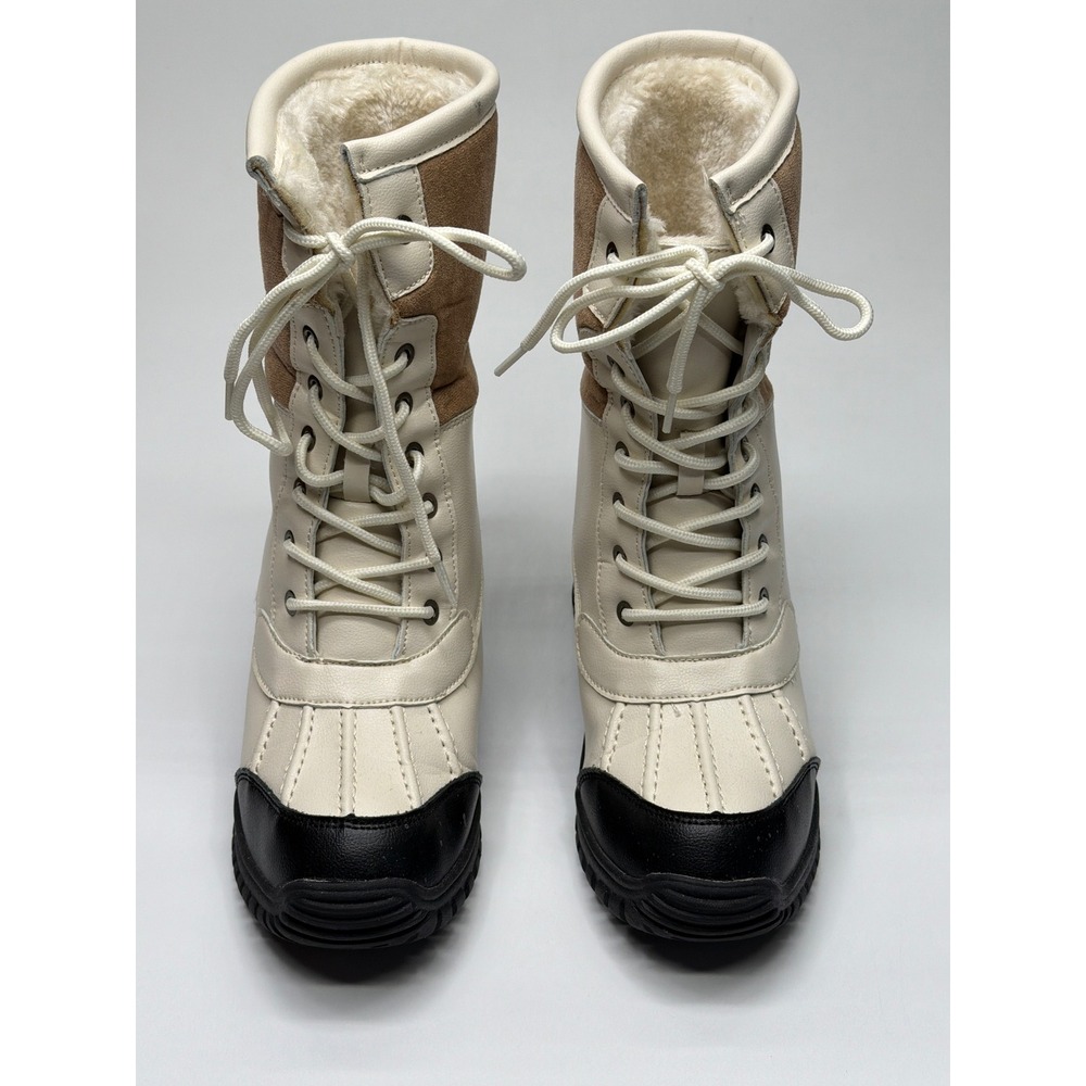Outdoors Women Cream Tan Black Faux Fur Lined Lace Up Winter Duck Boots Size 37